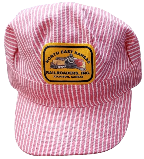 Pink and white striped cap with a yellow and black logo on a white background