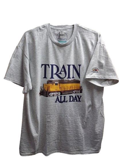 Gray t-shirt with a graphic of a train and 'Train All Day' text on a white background