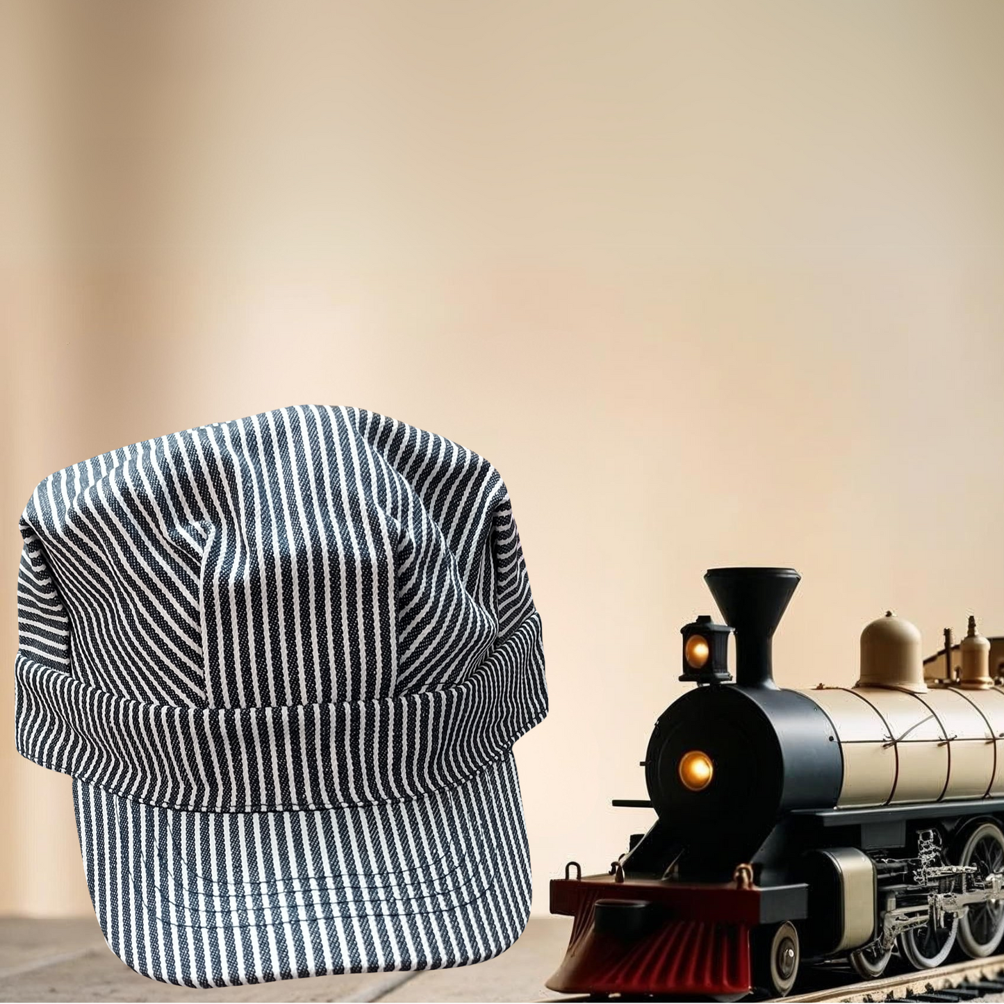 Blue and white striped cap next to a toy train on a beige background