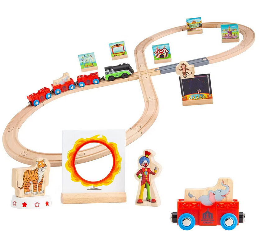 ORBRIUM® Toys 41 Pcs Battery Operated Motorized Light and Sound Circus on Railway Train Set Figure 8 Wooden Railway