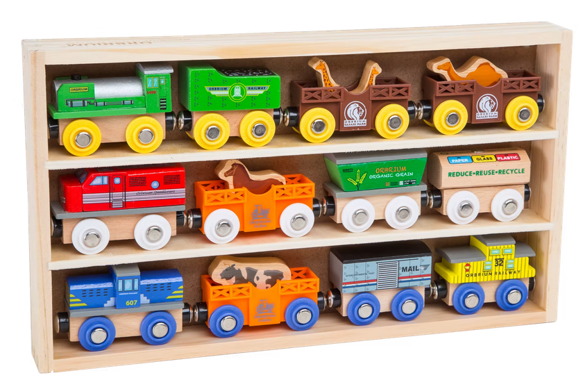 ORBRIUM® Toys 12 Pcs Wooden Engines & Train Cars Collection Set Featuring Animal, Farm, Safari, Zoo, Circus Animal Carriages