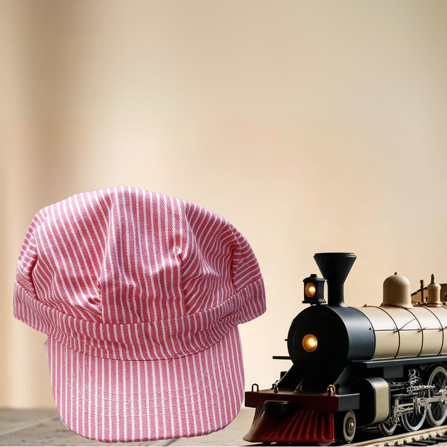 Pink and white striped engineer cap next to a model train on a wooden surface with a beige background