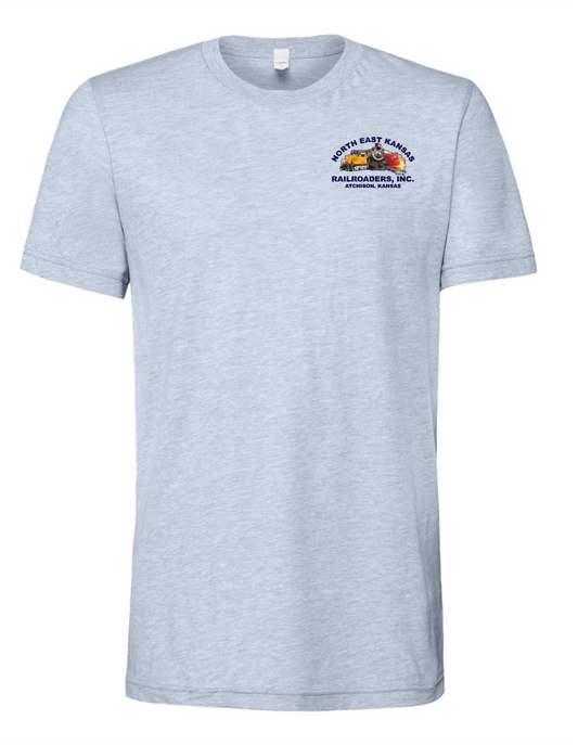 Gray t-shirt with a logo on the front and text on the back, displayed on a white background.