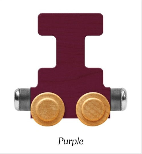 A wooden toy train I piece in a deep purple color, featuring two round natural wood wheels and silver metal connectors, shown on a white background with the text 'Purple' underneath.