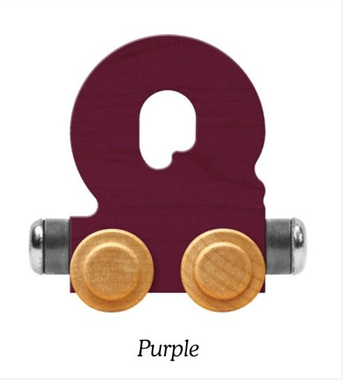 A purple wooden toy Q train connector piece with two round light wood wheels and silver metal ends, shown on a white background with the word 'Purple' below.