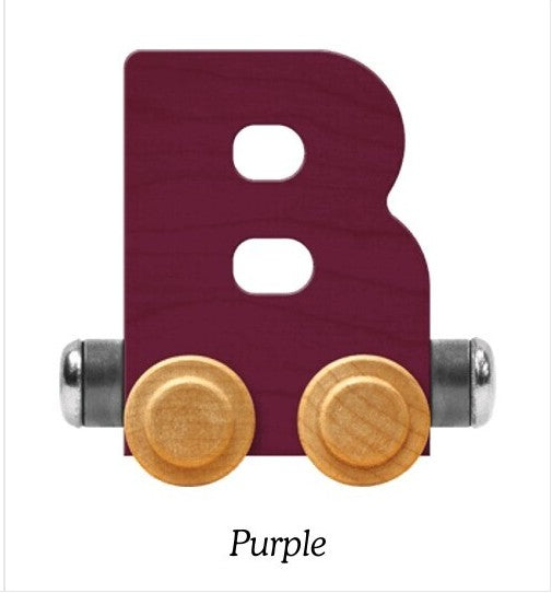 A wooden letter B toy train car in a deep purple color, featuring natural wood wheels and metal connectors, shown on a white background with the text 'Purple' underneath.