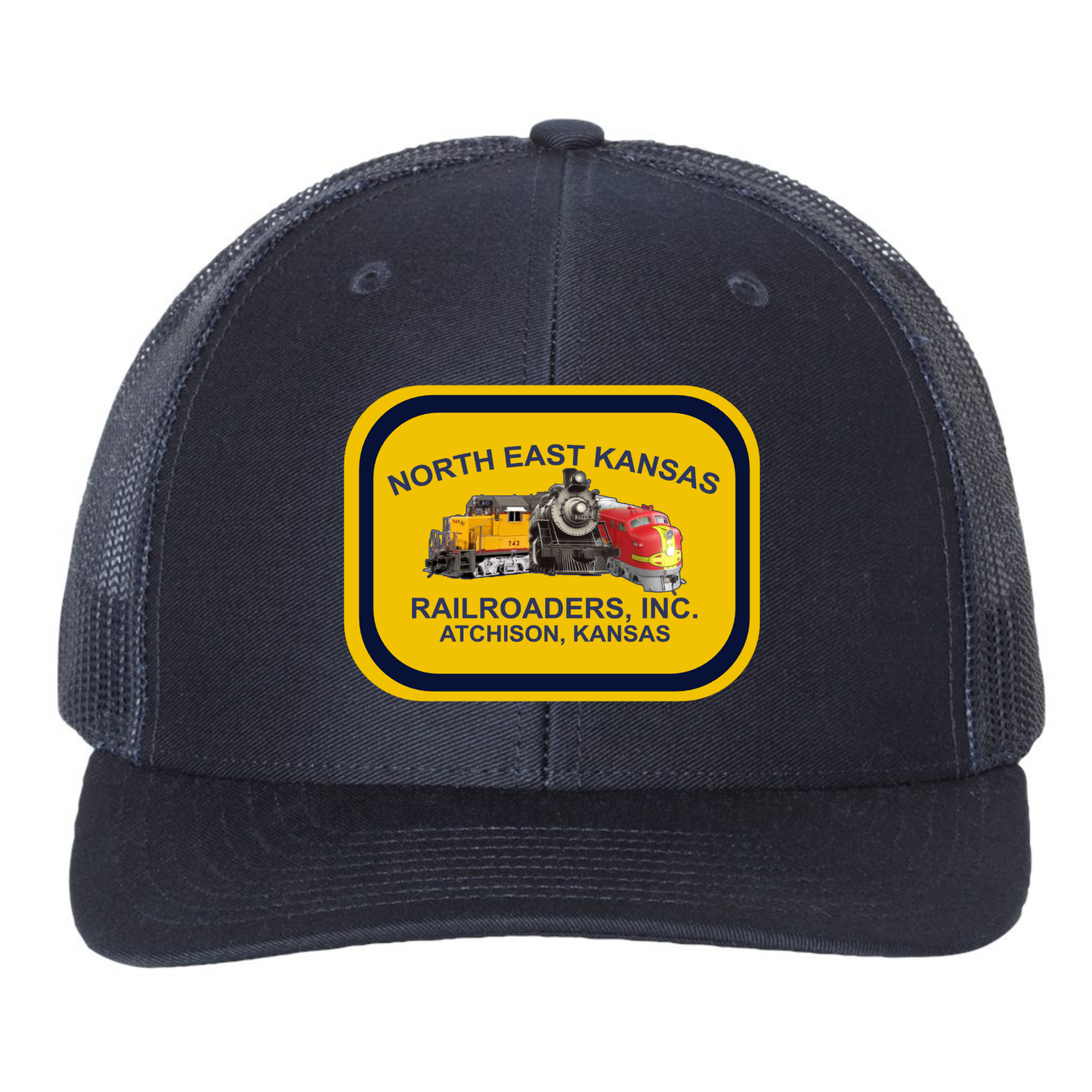Navy blue trucker cap with gold and navy North East Kansas Railroaders logo on front on white background.