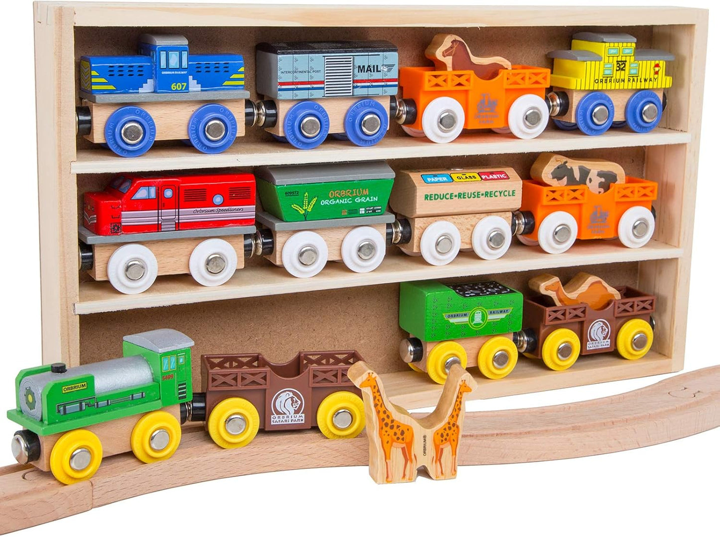 ORBRIUM® Toys 12 Pcs Wooden Engines & Train Cars Collection Set Featuring Animal, Farm, Safari, Zoo, Circus Animal Carriages