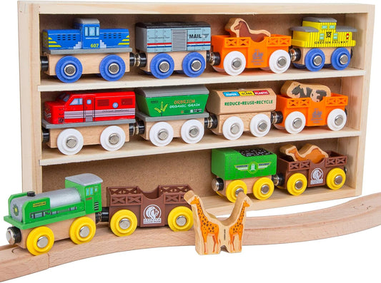 ORBRIUM® Toys 12 Pcs Wooden Engines & Train Cars Collection Set Featuring Animal, Farm, Safari, Zoo, Circus Animal Carriages