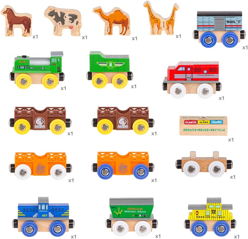 ORBRIUM® Toys 12 Pcs Wooden Engines & Train Cars Collection Set Featuring Animal, Farm, Safari, Zoo, Circus Animal Carriages