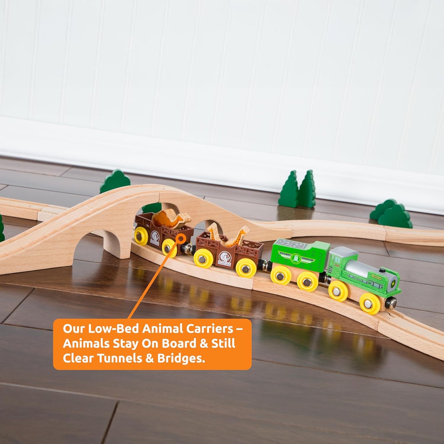 ORBRIUM® Toys 12 Pcs Wooden Engines & Train Cars Collection Set Featuring Animal, Farm, Safari, Zoo, Circus Animal Carriages