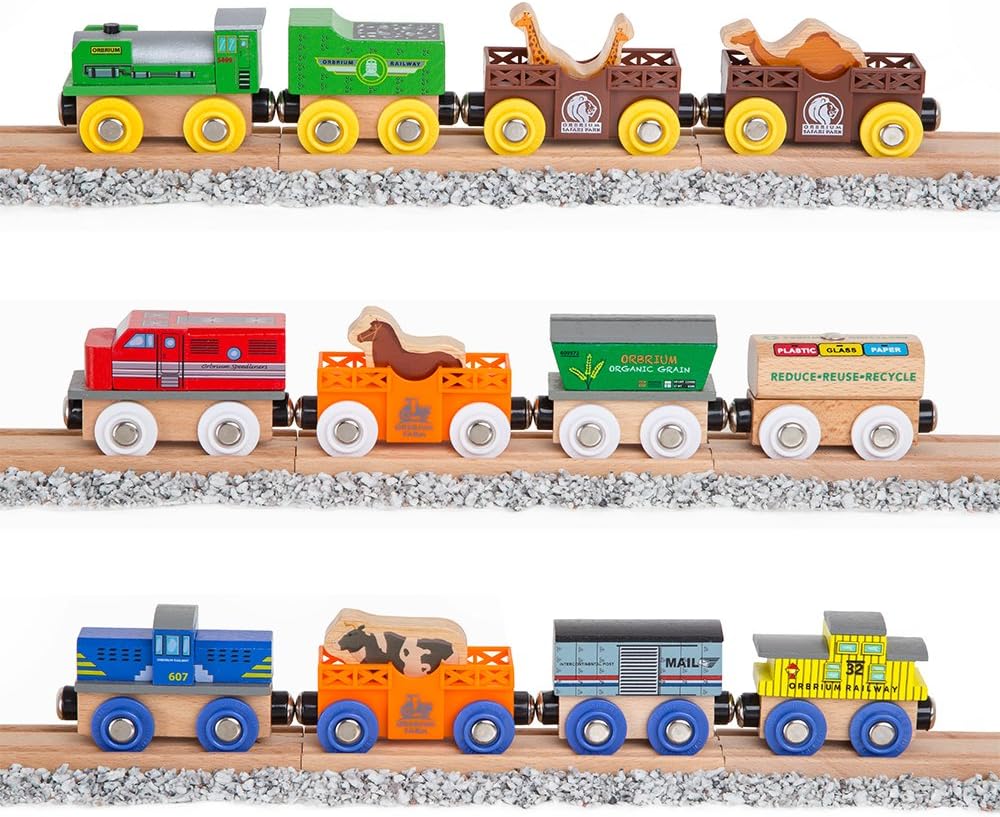 ORBRIUM® Toys 12 Pcs Wooden Engines & Train Cars Collection Set Featuring Animal, Farm, Safari, Zoo, Circus Animal Carriages