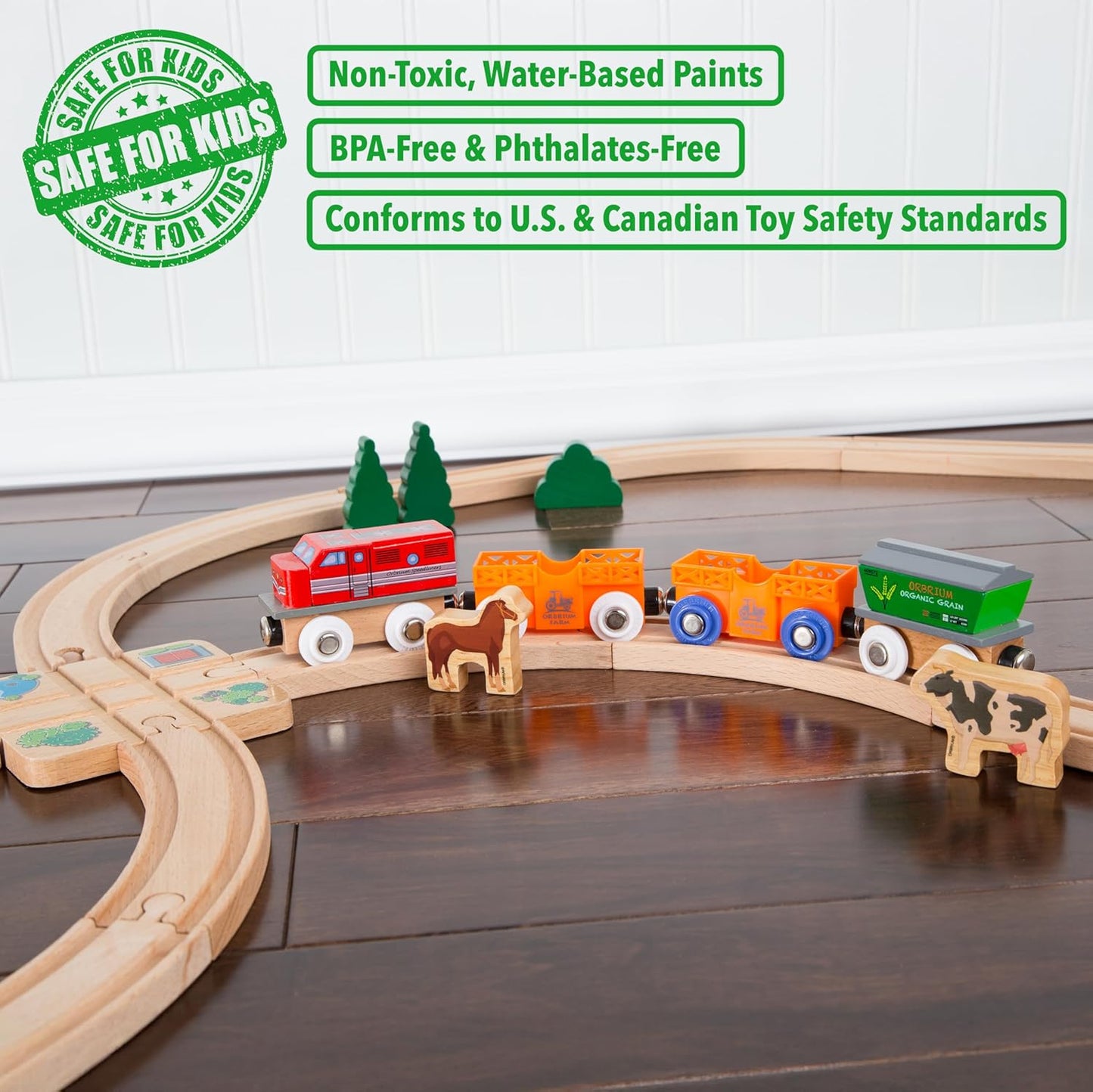 ORBRIUM® Toys 12 Pcs Wooden Engines & Train Cars Collection Set Featuring Animal, Farm, Safari, Zoo, Circus Animal Carriages