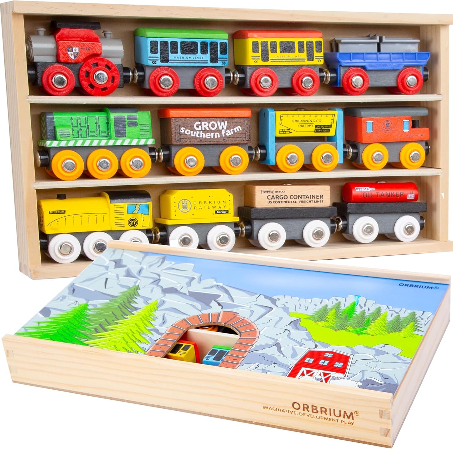 ORBRIUM® Toys 12 Pcs Wooden Engines and Train Cars Collection Set