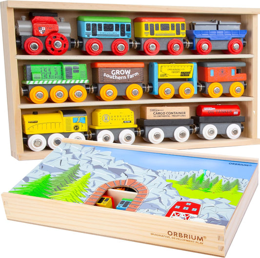 ORBRIUM® Toys 12 Pcs Wooden Engines and Train Cars Collection Set