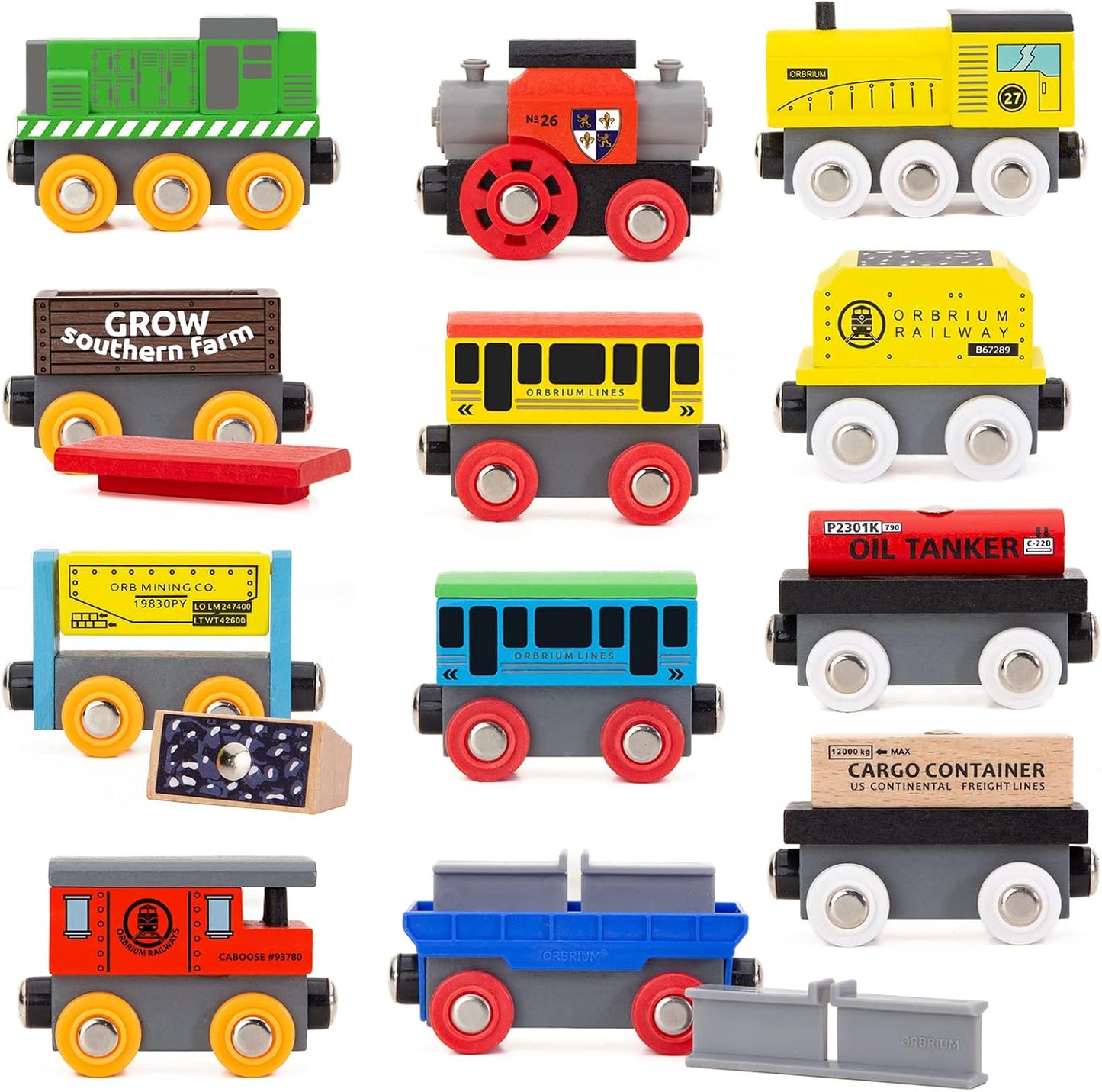 ORBRIUM® Toys 12 Pcs Wooden Engines and Train Cars Collection Set