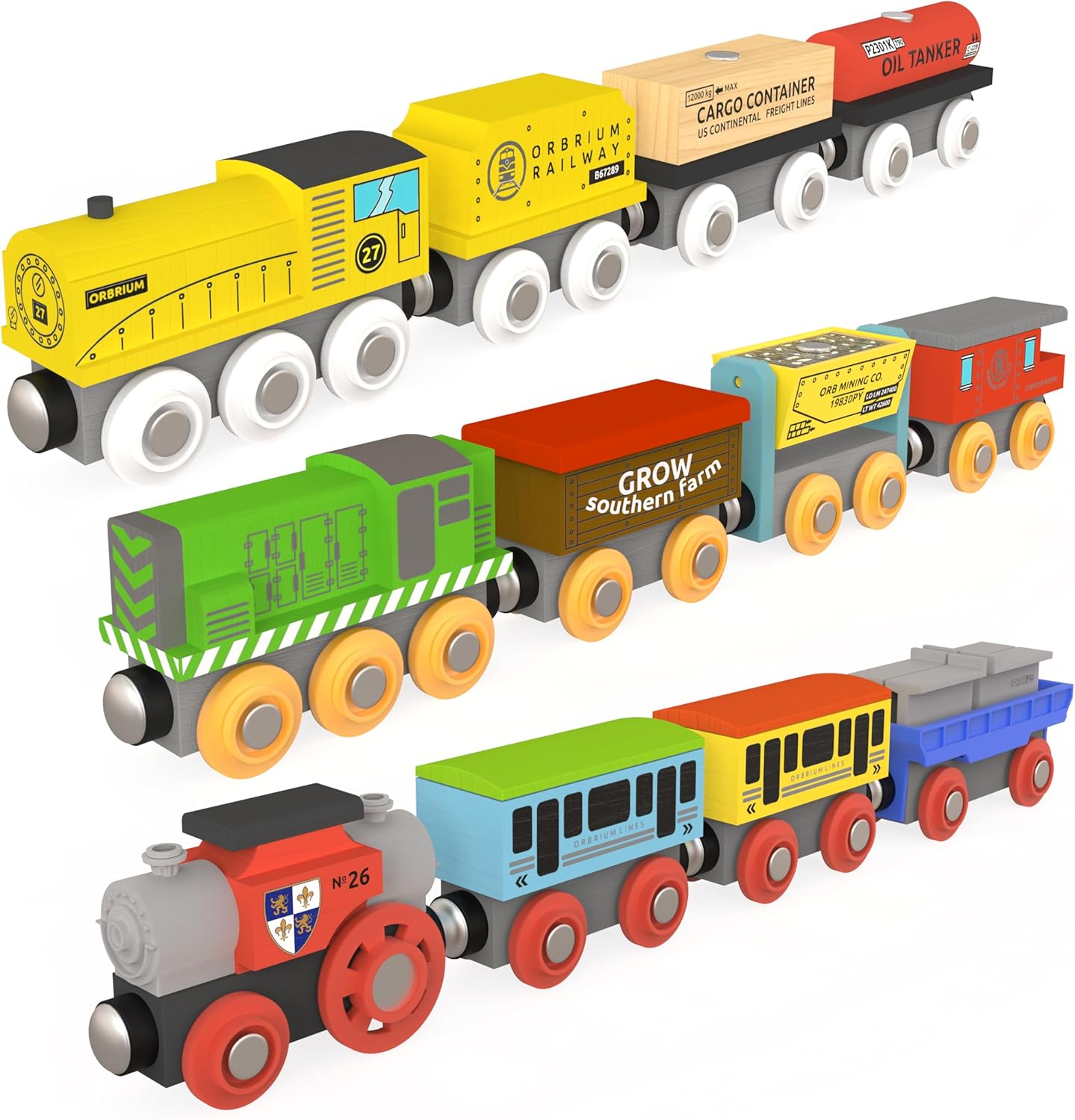 ORBRIUM® Toys 12 Pcs Wooden Engines and Train Cars Collection Set