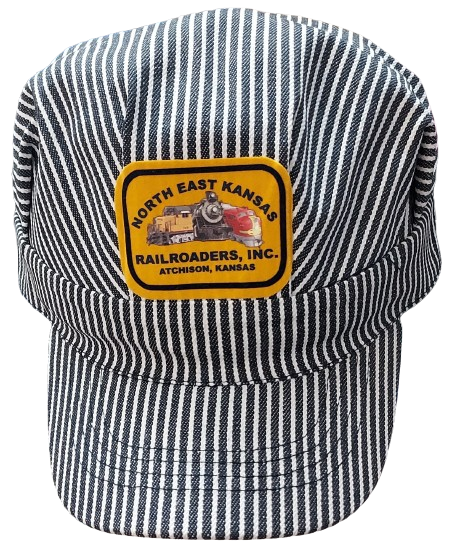 Blue and white striped engineer cap with a patch on a white background