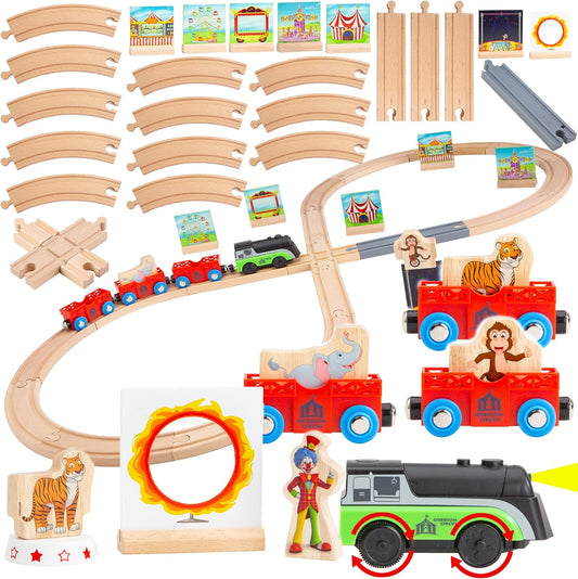 ORBRIUM® Toys 41 Pcs Battery Operated Motorized Light and Sound Circus on Railway Train Set Figure 8 Wooden Railway