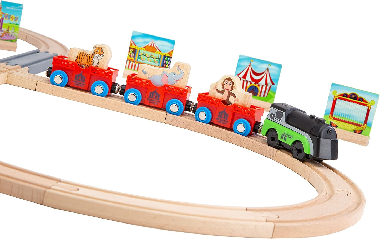 ORBRIUM® Toys 41 Pcs Battery Operated Motorized Light and Sound Circus on Railway Train Set Figure 8 Wooden Railway