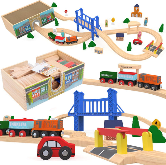 ORBRIUM® Toys 52 Pcs Deluxe Wooden Train Set with 3 Destinations