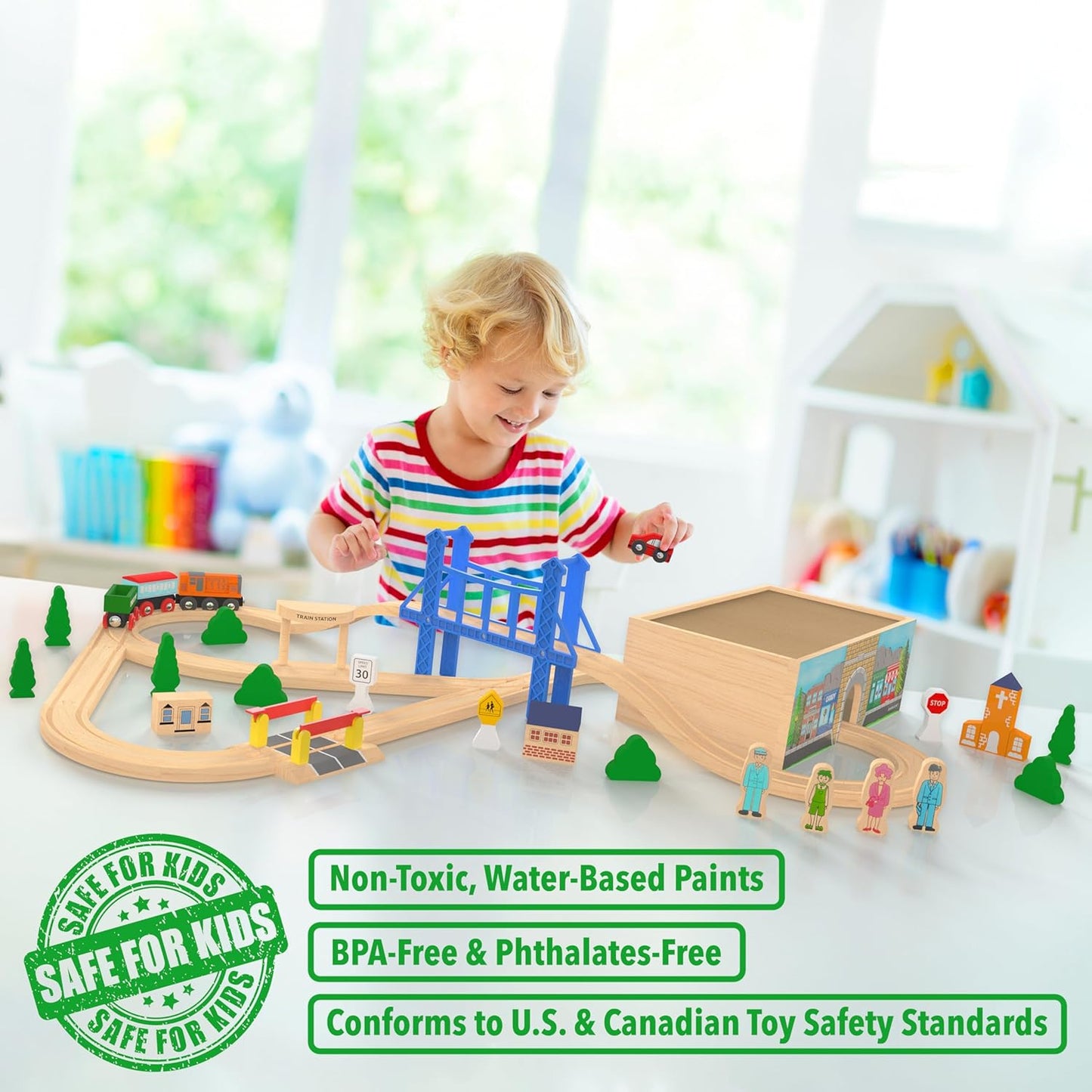 ORBRIUM® Toys 52 Pcs Deluxe Wooden Train Set with 3 Destinations