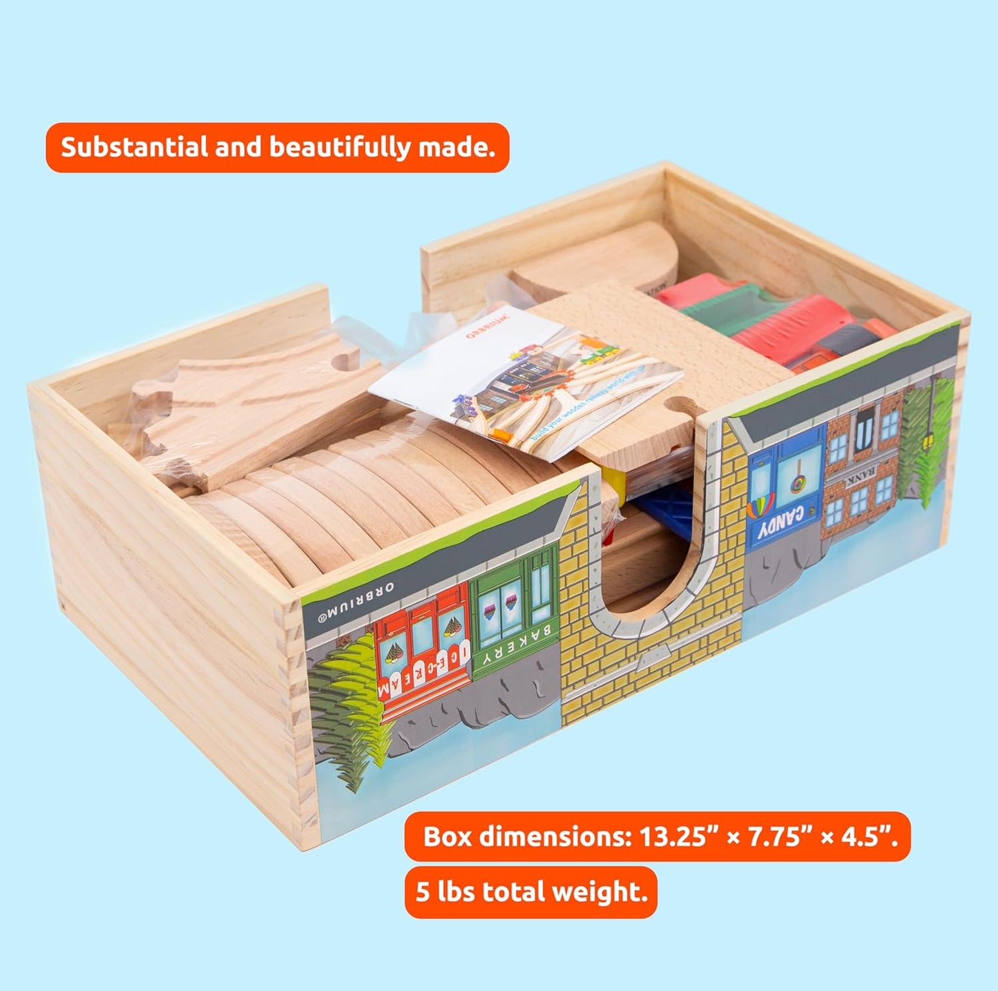 ORBRIUM® Toys 52 Pcs Deluxe Wooden Train Set with 3 Destinations