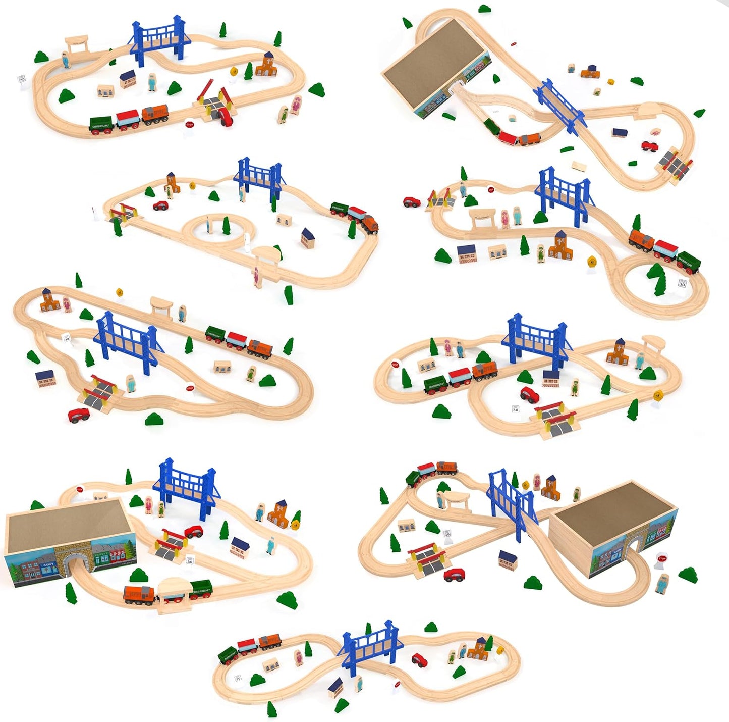ORBRIUM® Toys 52 Pcs Deluxe Wooden Train Set with 3 Destinations