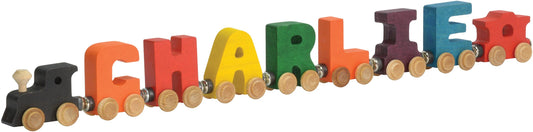 A wooden letter train toy spelling out the name CHARLIE, with colorful alphabet letters attached to a black and brown train engine on a white background.