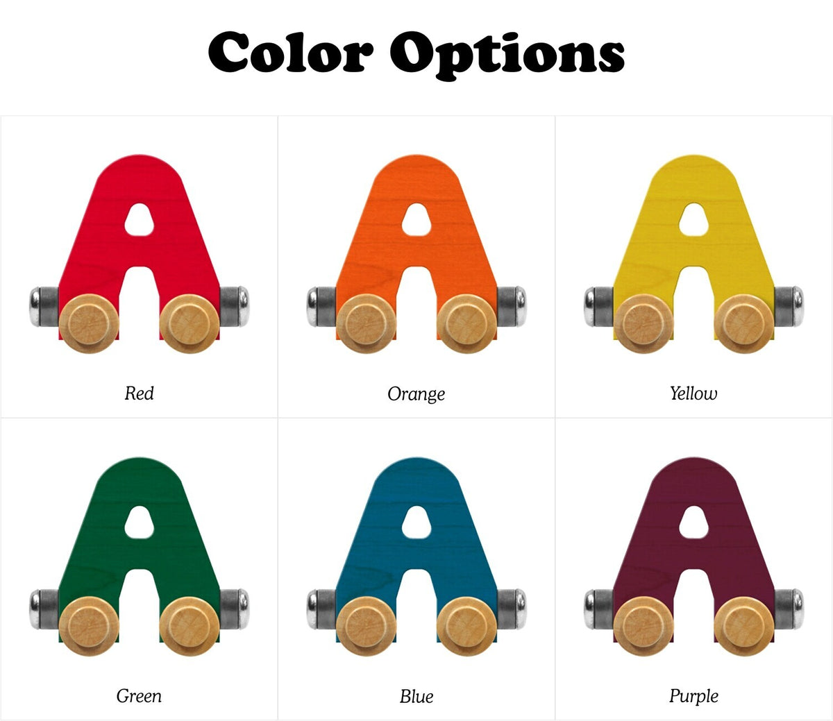 Color options for a letter 'A' shaped object with red, orange, yellow, green, blue, and purple.