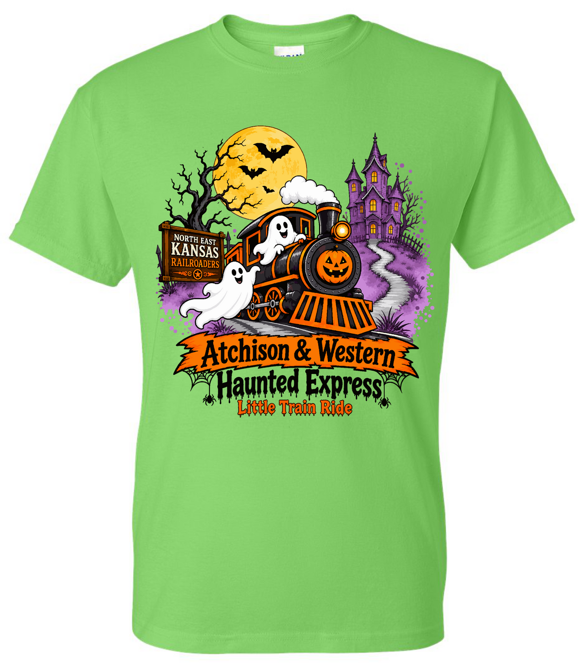 A bright lime green short-sleeve t-shirt with a colorful Halloween-themed graphic on the front. The graphic features a cartoon orange train with white ghosts, a jack-o'-lantern moon, a haunted house, and text reading 'Atchison & Western Haunted Express' and 'Little Train Ride'.