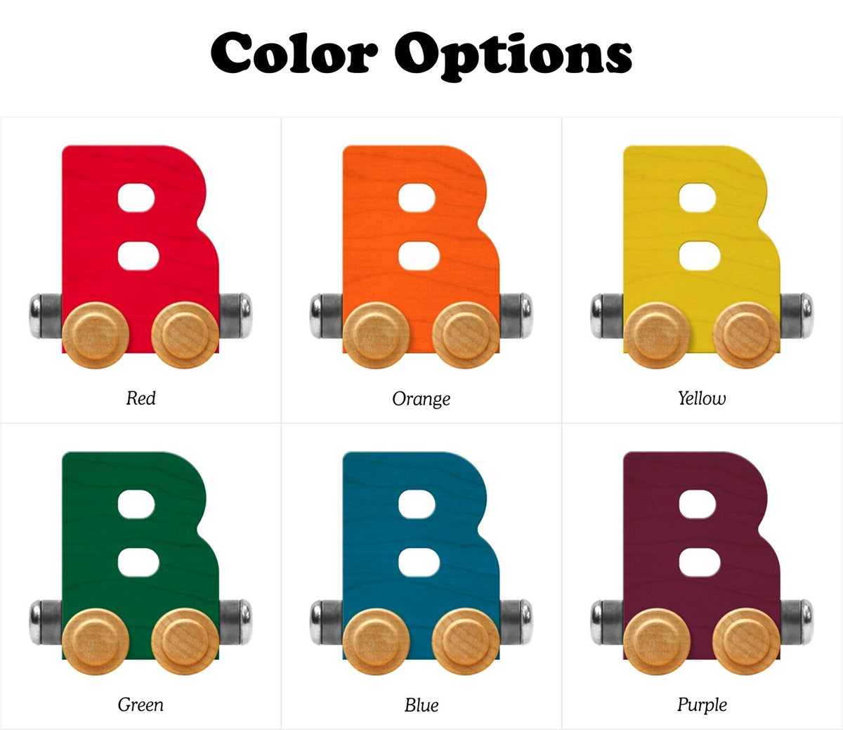 Color options for a letter 'B' shaped toy with wheels on a white background