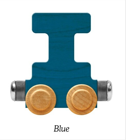 A wooden toy train I connector piece in a medium blue finish, featuring two round natural wood wheel discs and silver metal ends, shown on a white background with the label 'Blue' underneath.