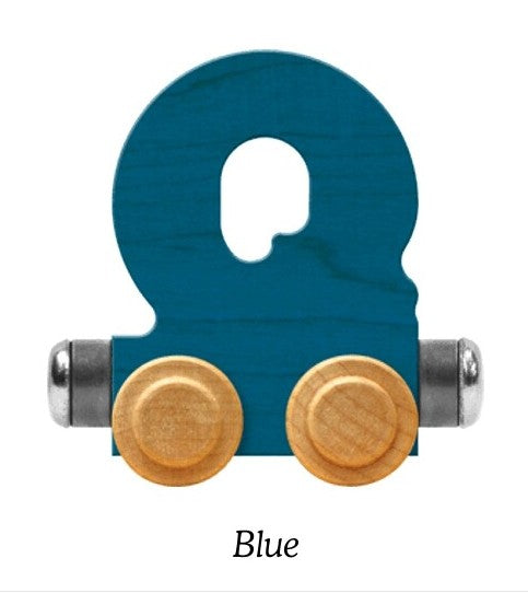 A wooden toy Q train connector piece in blue, featuring two round natural wood wheels and silver metal ends, shown on a white background with the word 'Blue' underneath.