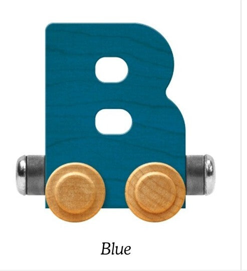 A wooden letter B toy train car in blue, featuring natural wood wheels and metal axles, shown on a white background with the word 'Blue' underneath.