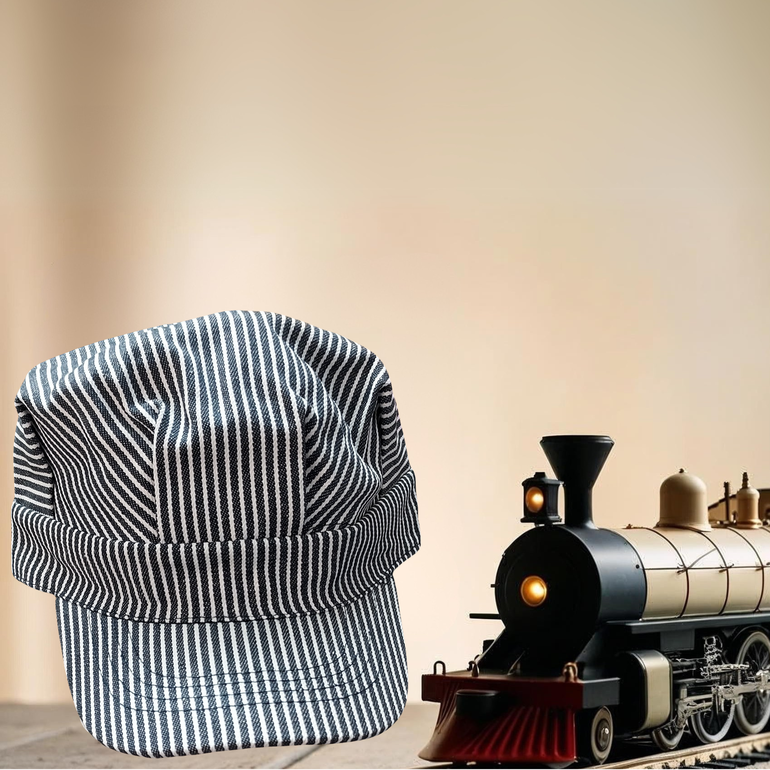 Blue and white striped cap next to a toy train on a beige background
