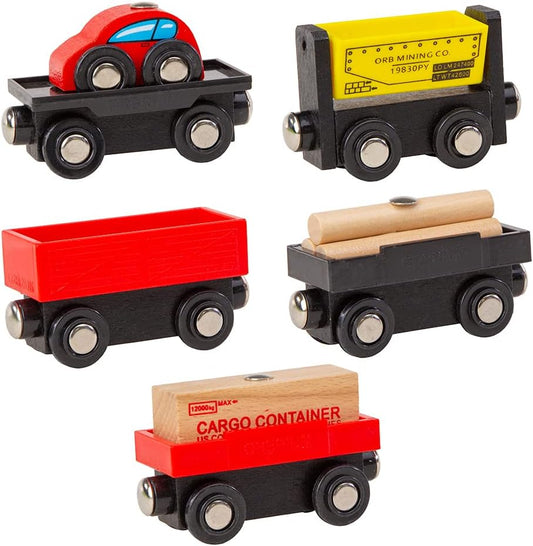 ORBRIUM® Toys Cargo Train Car Set for Wooden Railway, 5- Piece