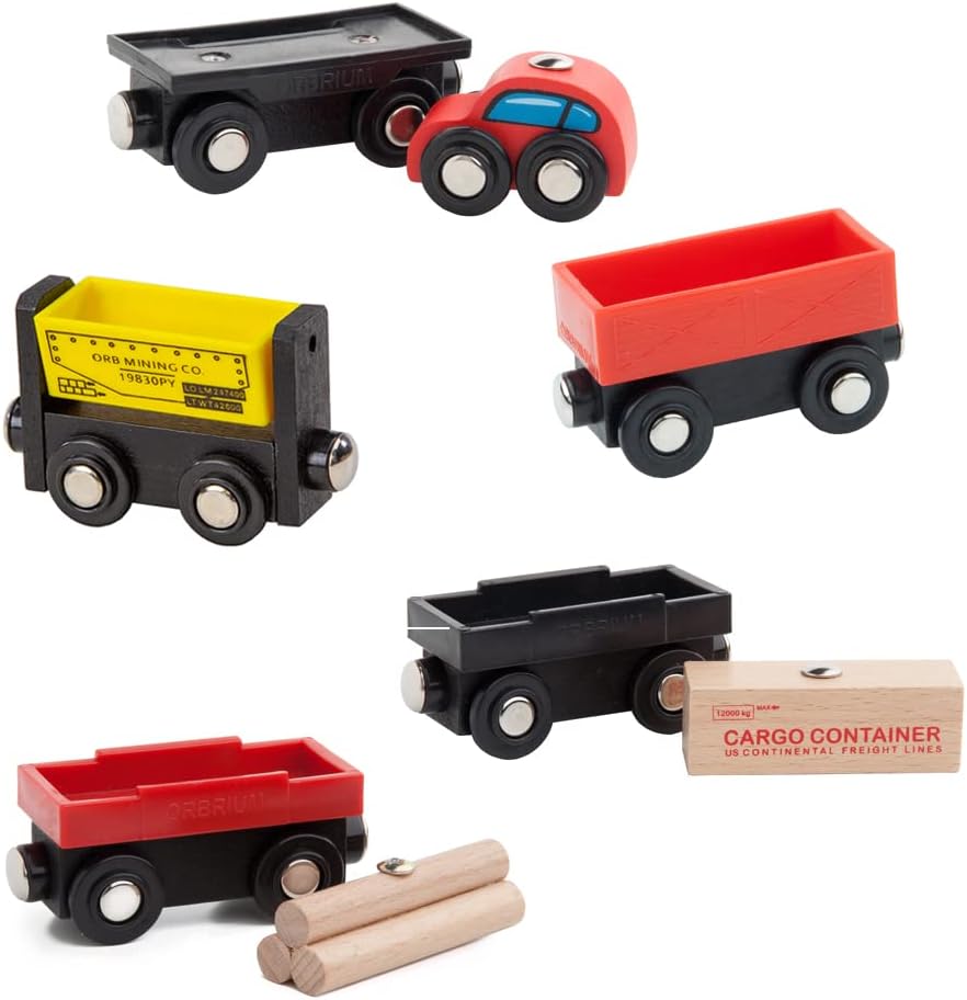ORBRIUM® Toys Cargo Train Car Set for Wooden Railway, 5- Piece