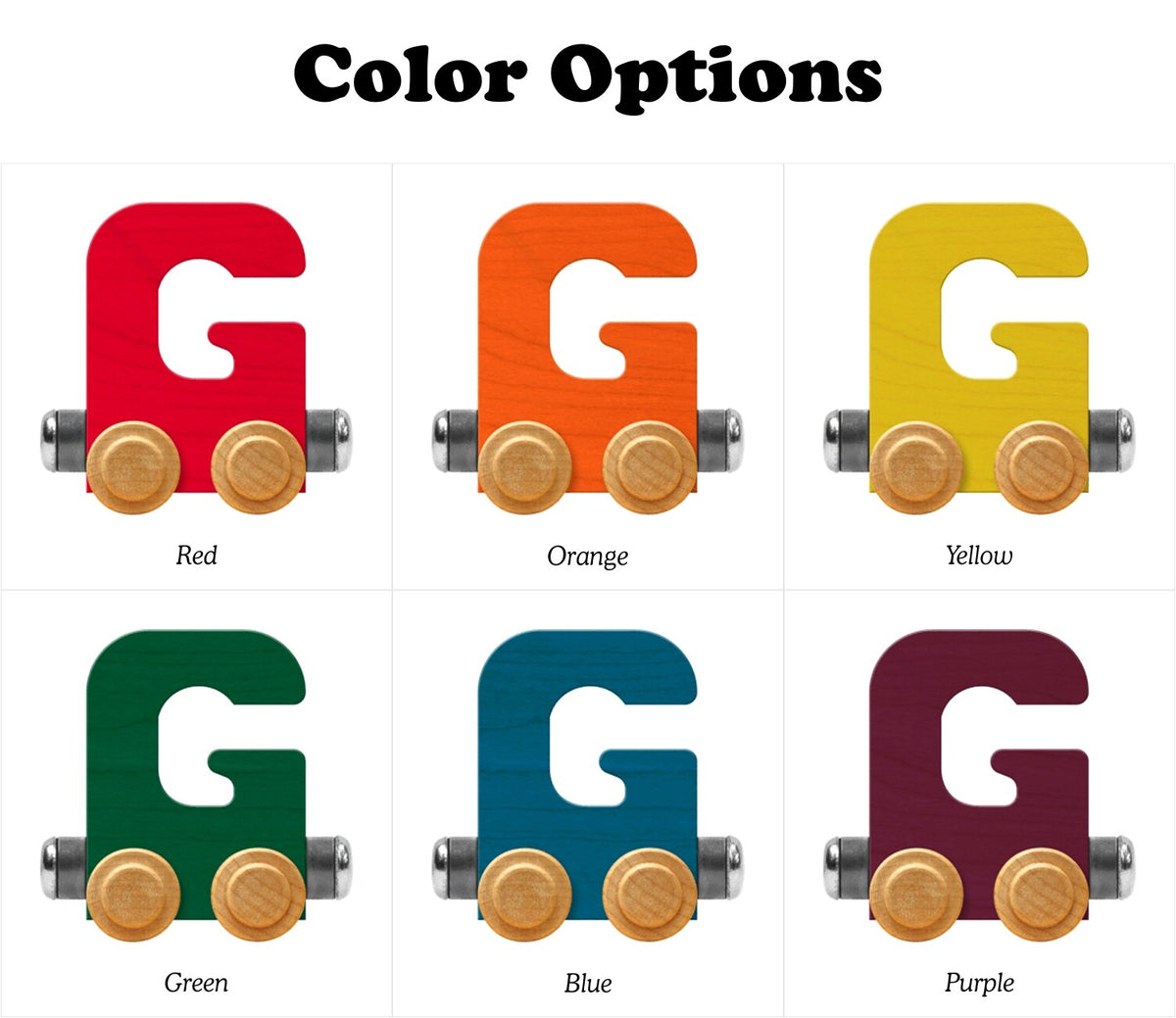 Color options for a letter 'G' with wheels on a white background