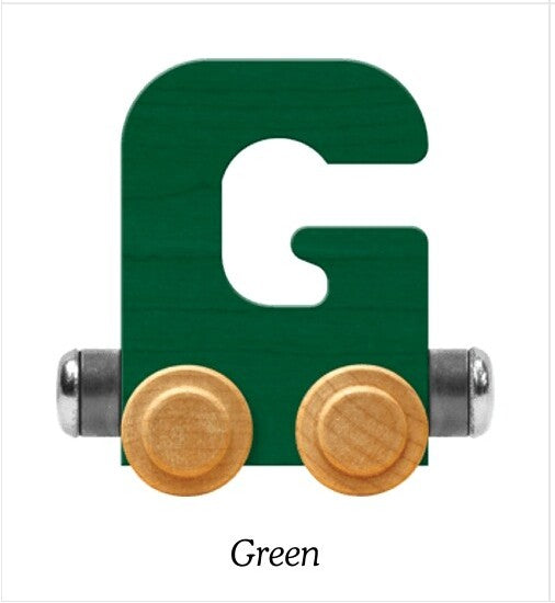 A wooden letter G toy train in forest green, featuring natural wood wheels and metal axles, shown on a white background with the word 'Green' printed below.