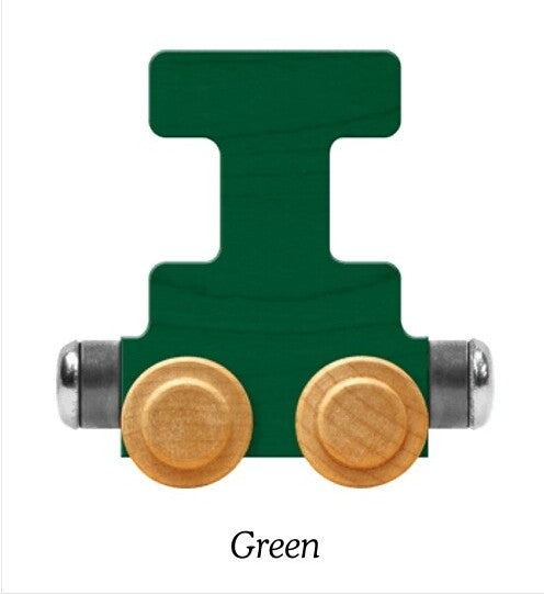 A wooden toy train I-shaped switch in forest green, featuring two round natural wood wheels and silver metal end caps, shown on a white background with the word 'Green' below.