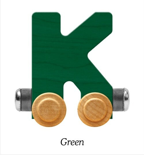 A wooden letter K toy train car in forest green, featuring two round light wood wheels with silver metal axles, shown on a white background with the word 'Green' printed below.