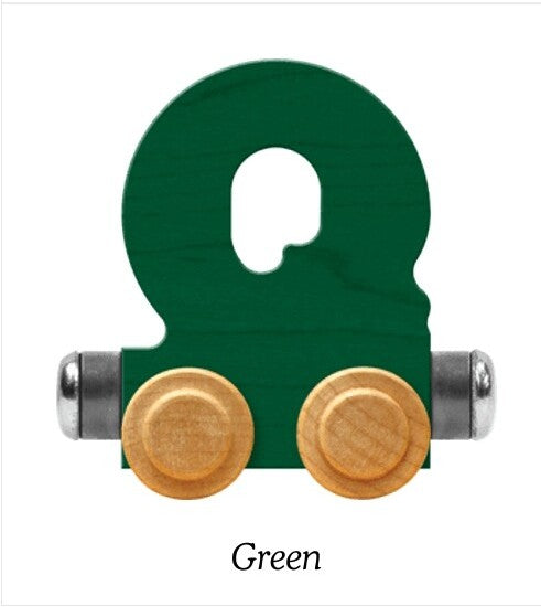 A green wooden toy train Q car piece with two round light wood wheels and silver metal ends, shown on a white background with the word 'Green' below.