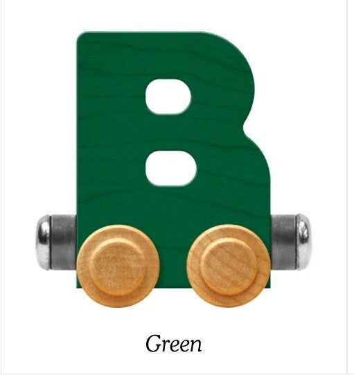A wooden letter B toy train car in forest green with two light wood wheels and silver metal connectors, shown on a white background with the word 'Green' below.