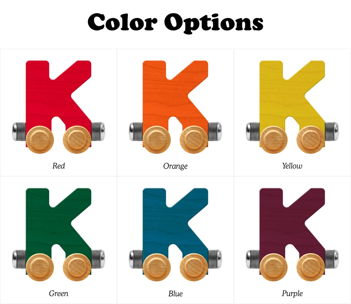 Color options for a letter 'K' shaped object with wooden wheels on a white background.