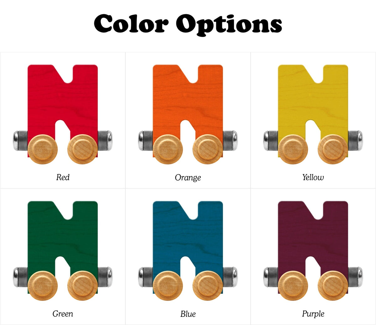 Color options for a product with red, orange, yellow, green, blue, and purple letters on a white background.
