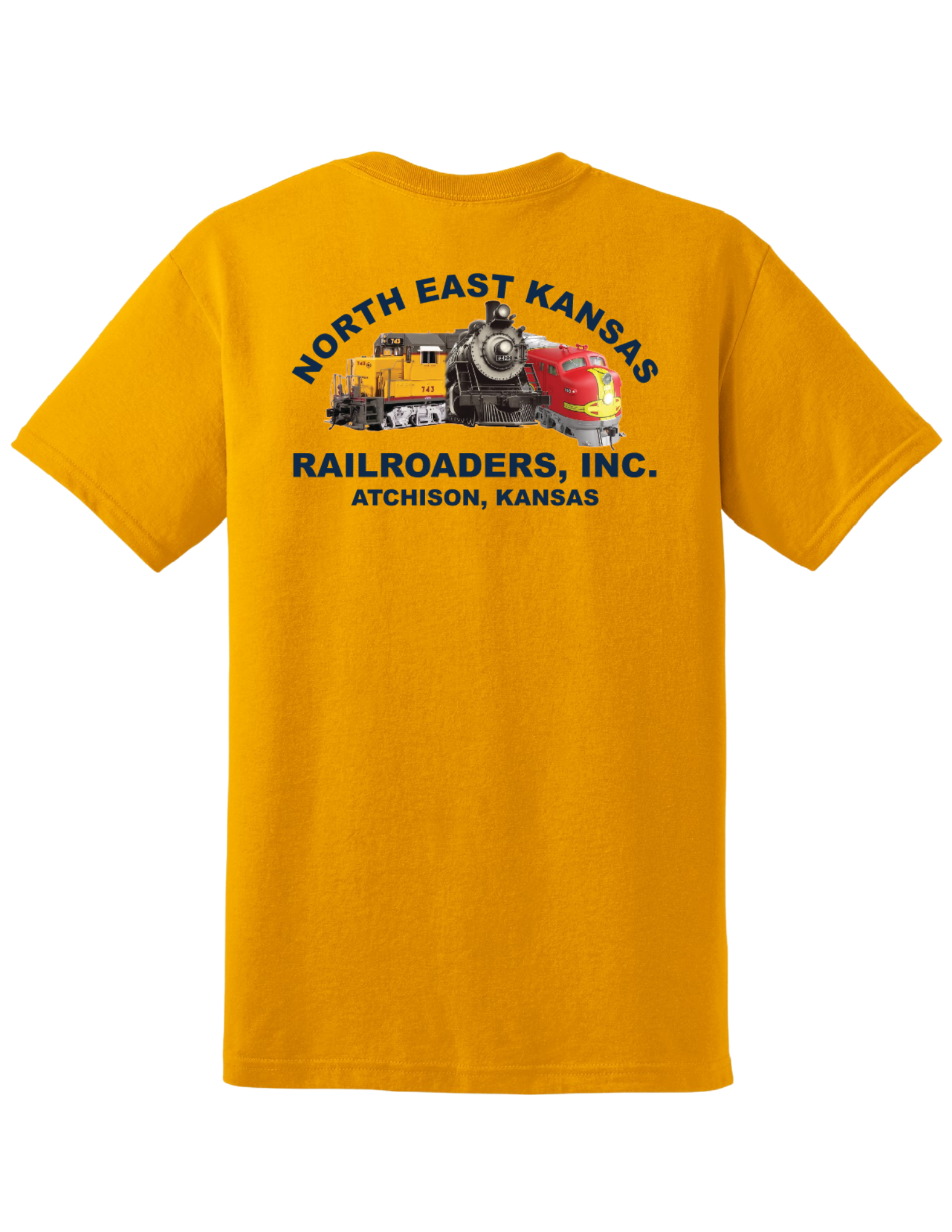 Gold t-shirt with a graphic of trains and text on the back, on a white background