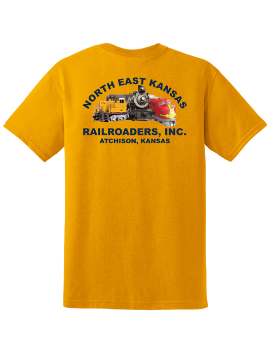 Gold t-shirt with a graphic of trains and text on the back, on a white background