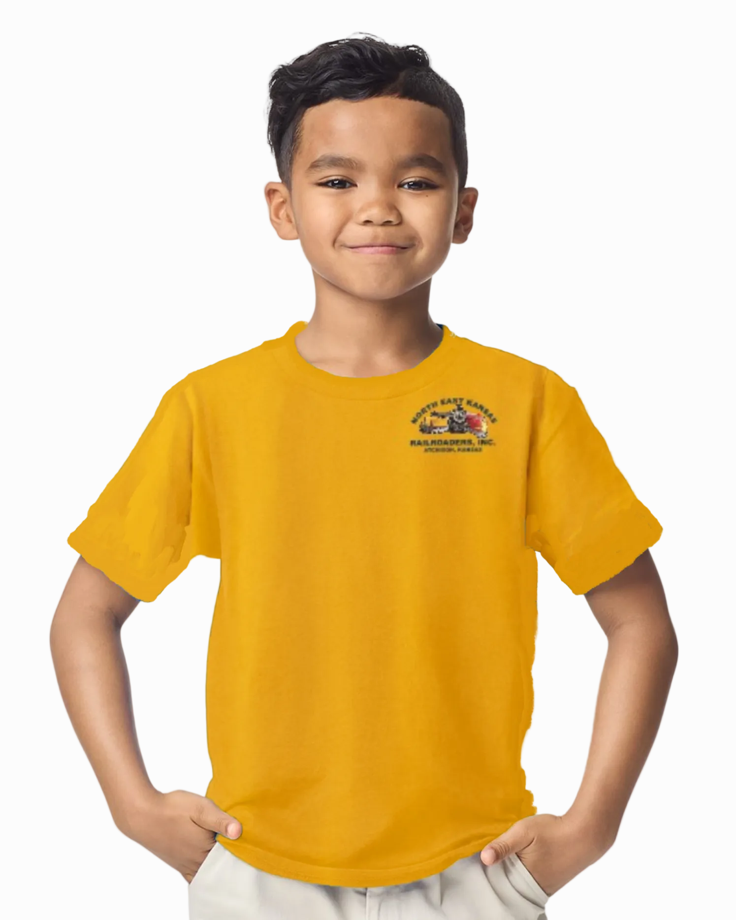 Child wearing a yellow t-shirt with a logo on a white background