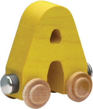 Yellow wooden letter 'A' with wheels on a white background